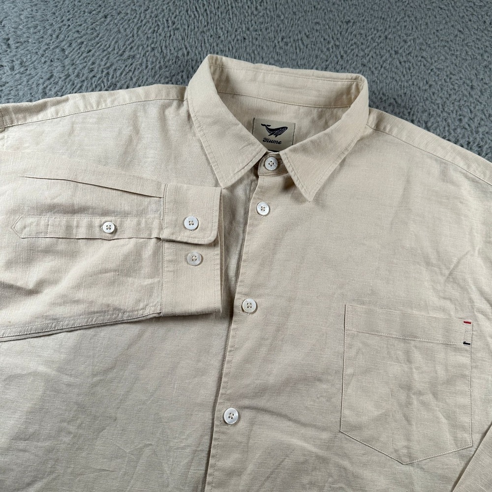 Yiume Shirt Mens XXL Beige Linen Rayon Long Sleeve Button Up Pocket‎ Logo Casual